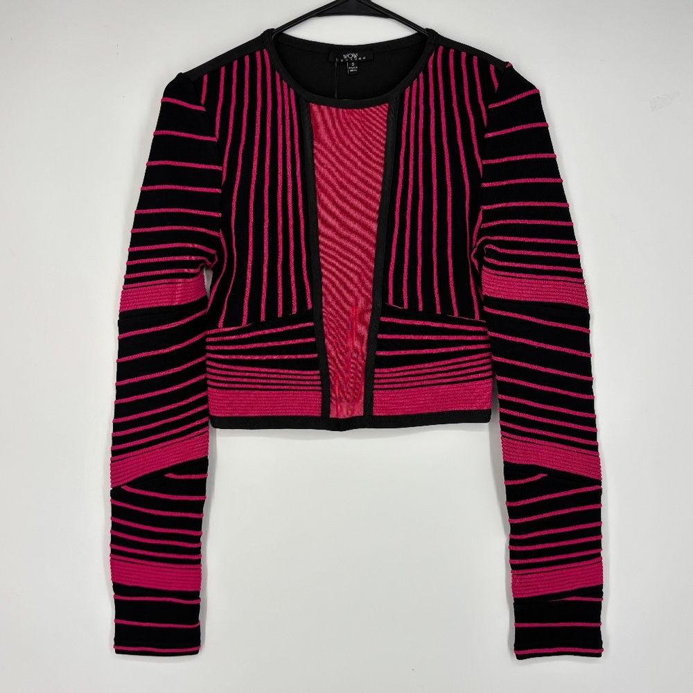 Wow Couture Womens Small Pullover Cropped Top Black Fuchsia Pink Sheer Mesh LS
